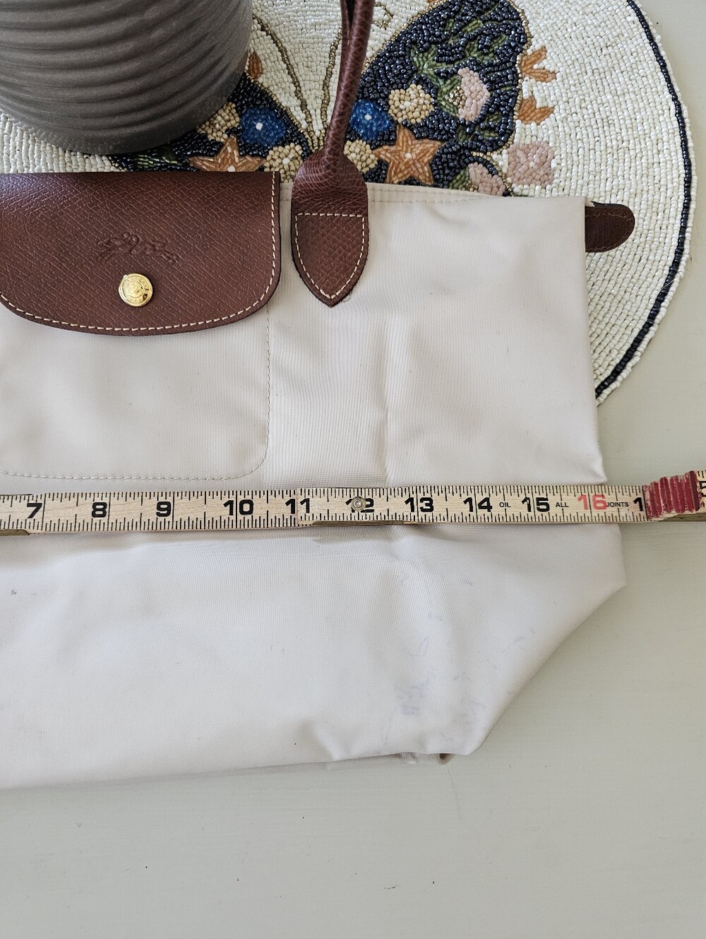 Longchamp Cream Tote with Brown Leather Trim and Handles - Picture 14 of 15